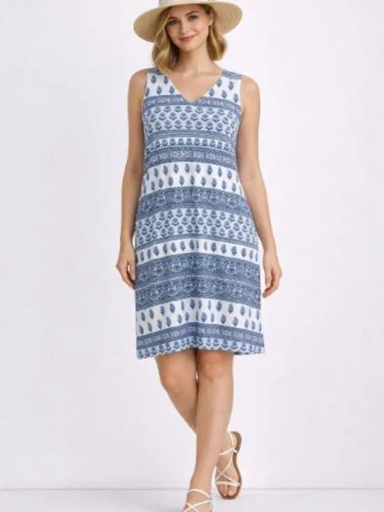 J.Jill Wearever Collection Blue White Sleeveless A-line Beach Dress Pockets - SP - Picture 1 of 9